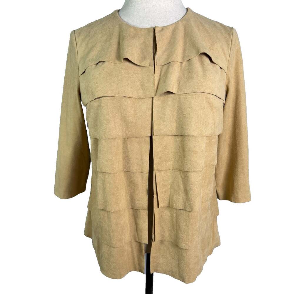 Chicos Travelers Sz 2 L Tan Faux Suede Tiered Ruffle Open Front Jacket Cardigan